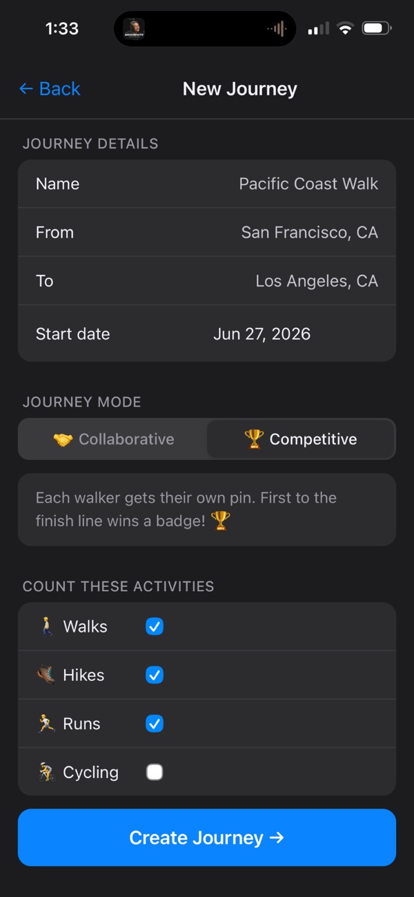 Creating a new journey from San Francisco to Los Angeles